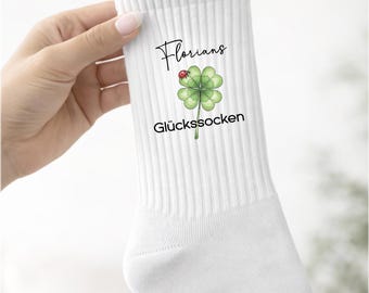 Glückssocken personalisiert – Name + vierblättriges Kleeblatt mit Marienkäfer – Glücksbringer – personalisierte Socken 35-50 – Geschenkidee