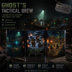 May include: Three black ceramic mugs with pixel art designs. The mugs feature military-themed illustrations with the text "GHOST'S TACTICAL BREW". The mugs have a black handle and a glossy finish. The mugs are dishwasher safe and a perfect gift.