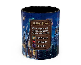 Pixel Art Butter Brew Coffee Mug | Magical Castle Winter Wizardry Design | 11oz 15oz Ceramic Mug | Hogsmeade Village Gift | Wizarding World