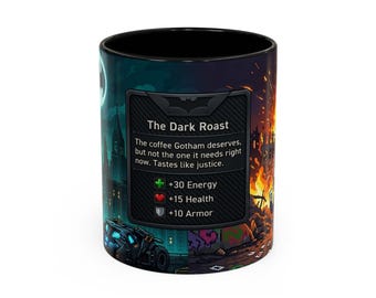 Pixel Art Dark Knight Roast Coffee Mug | Gotham City Vigilante Design | 11oz 15oz Ceramic Mug | Superhero Coffee Gift | Hero Brew