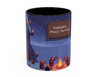 Pixel Art Viking Village Coffee Mug | Norse Longhouse Campfire Scene Design | 11oz 15oz Ceramic Mug | Nordic Warrior Gift|Valhalla Aesthetic