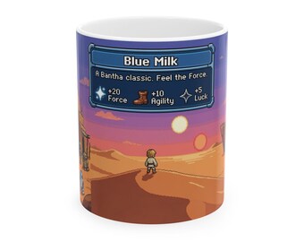 Pixel Art Twin Suns Tatooine Coffee Mug | Desert Planet Binary Sunset Scene | 11oz 15oz Ceramic Mug | Space Opera Saga Gift | Iconic Moment
