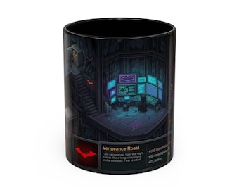 Pixel Art Dark Knight Cave Coffee Mug | Secret Underground Lair Design | 11oz 15oz Ceramic Mug | Superhero Fan Gift | Vigilante HQ