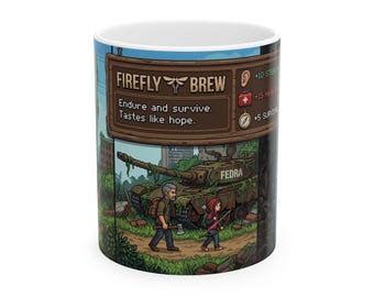 Pixel Art Firefly Brew Coffee Mug | Endure and Survive Post-Apocalyptic Design | 11oz 15oz Ceramic Mug | Cordyceps World Gift