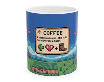 Pixel Art Medieval Town Coffee Mug | Palm Sunset Fantasy Village Design | 11oz 15oz Ceramic Mug | RPG Adventure Gift | Fantasy Town