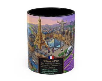 Pixel Art Paris Landmarks Coffee Mug | Eiffel Tower Notre Dame Lavender Design | 11oz 15oz Ceramic | France Travel Gift