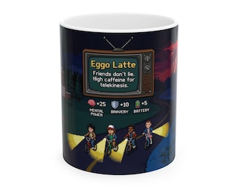 Pixel Art Upside Down Coffee Mug | 80s Hawkins Mystery Retro Design | 11oz 15oz Ceramic Mug | Supernatural Nostalgia Gift | Demogorgon