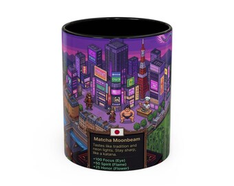 Pixel Art Japan Neon City Coffee Mug | Purple Tokyo Night Skyline Cherry Blossom | 11oz 15oz Ceramic Mug | Japanese Culture Gift