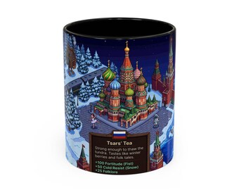 Pixel Art Russian Winter Coffee Mug | St Basil's Cathedral Moscow Design | 11oz 15oz Ceramic Mug | Russia Lover Gift | Winter Travel