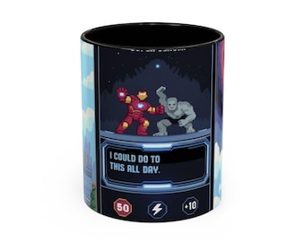 Pixel Art Armored Hero Coffee Mug | Red Gold Tech Superhero Design | 11oz 15oz Ceramic Mug | Tech Genius Gift | Billionaire Hero