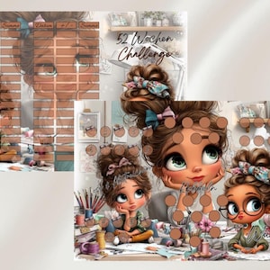 Könnte beinhalten: Digitaler Kunstdruck mit drei Cartoon-Frauen mit großen Augen, umgeben von Kunstmaterialien. Das Bild enthält den Text "52 Wochen Challenge" und ein Raster zur Fortschrittsverfolgung. Die Farbpalette umfasst Braun-, Grün- und Rosatöne.