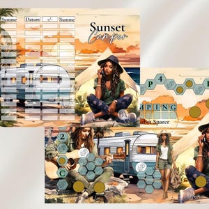 Könnte beinhalten: Illustration eines Brettspiels mit dem Titel "Sunset Camper" mit Camping-Thema. Das Spiel zeigt Illustrationen eines Wohnwagens, einer Frau und eines Gitarrenspielers. Das Spielbrett hat sechseckige Felder und das Wort "Camping".