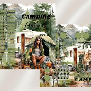 Könnte beinhalten: Aquarellillustration einer Campingszene mit Wohnwagen, Zelt und Personen. Der Text "Camping feeling" ist zu sehen. Das Bild enthält eine Tabelle mit den Spalten "Datum", "+/-" und "Summe".