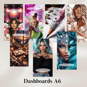 Könnte beinhalten: Eine Sammlung von A6-Dashboards mit Fantasy-Kunst. Die Bilder zeigen Porträts von Frauen, einen Bleistift mit floralen Akzenten und eine Schweinchenfigur. Der Text "Dashboards A6" befindet sich unten.