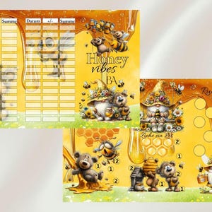 Könnte beinhalten: Ein Satz illustrierter Karten mit Honig-Thema. Die Karten zeigen Cartoon-Bären, Bienen und Zwerge mit dem Text "Honey vibes BA" und "Rubbeln". Das Farbschema ist gelb und braun.