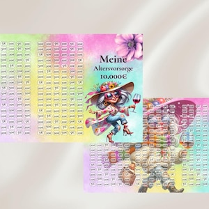 Könnte beinhalten: Zwei farbenfrohe Sparpläne mit einer Cartoon-Illustration einer Frau, die ein Weinglas hält. Der Text "Meine Altersvorsorge 10.000€" ist sichtbar. Die Diagramme sind mit kleinen Kreisen mit den Zahlen 5€, 10€ und 20€ gefüllt.