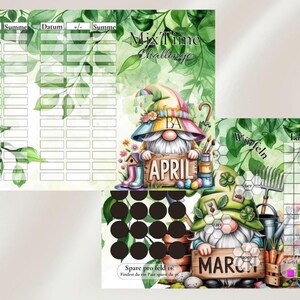 Könnte beinhalten: Zwei Planerseiten im Aquarellstil mit einem Gartenzwerg-Thema. Eine Seite zeigt einen Zwerg, der ein Schild mit der Aufschrift "April" hält. Die andere Seite hat einen Zwerg mit einem Schild mit der Aufschrift "März". Beide Seiten haben grünes Laub und Raster.