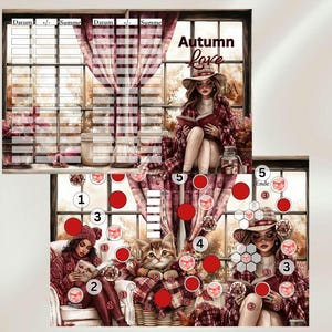 Könnte beinhalten: Eine Illustration mit dem Text "Autumn Love", die eine Frau beim Lesen am Fenster, eine Katze und einen Planer mit nummerierten Kreisen und Textfeldern zeigt. Die Farbgebung umfasst Rot-, Braun- und Weißtöne, die eine warme, herbstliche Atmosphäre erzeugen.