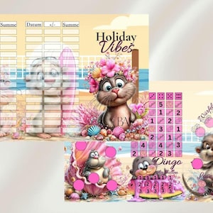 Könnte beinhalten: Digitales Kunstwerk mit einer Strandszene mit Zeichentricktieren. Das Bild zeigt eine Katze mit Blumenkrone, ein Kaninchen und ein Bingospiel. Der Text enthält "Holiday Vibes" und "Dingo". Die Farbpalette ist in Rosa, Blau und Gelb gehalten.