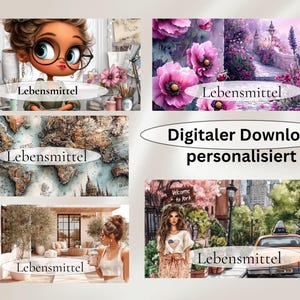 Könnte beinhalten: Eine Sammlung von fünf digitalen Kunstdrucken mit einer Zeichentrickfigur mit Brille, einem Blumengarten, einer Weltkarte, einer Terrassenszene und einer Stadtstraße mit Taxi. Der Text "Lebensmittel" und "Digitaler Download personalisiert" ist zu sehen.