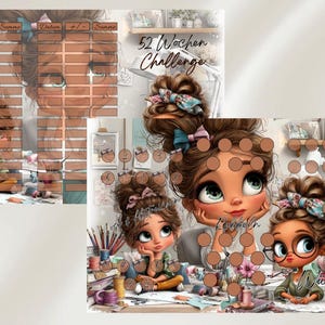 Könnte beinhalten: Digitales Kunstwerk mit drei Cartoon-Frauen mit großen Augen und farbenfrohen Accessoires. Das Bild enthält den Text "52 Wochen Challenge" und andere Texte auf Deutsch. Die Frauen sind von Kunstmaterialien und einem ziegelartigen Raster umgeben.