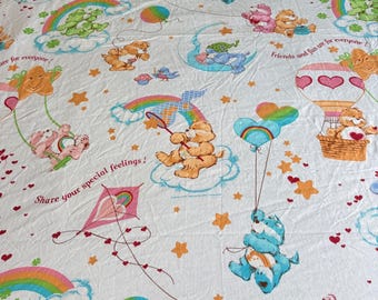 Care Bears Twin Flat Sheet Kids Twin White Clouds Rainbow Hearts Balloons 80s