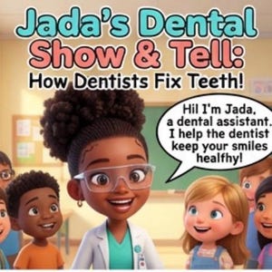 May include: An illustrated image promoting "Jada's Dental Show & Tell: How Dentists Fix Teeth!" featuring a cartoon dental assistant, Jada, with children. Jada wears glasses and a lab coat. Text bubble says, "I help the dentist keep your smiles healthy!"