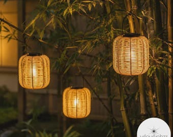 Solar Rattan Lantern Outdoor Light – Japandi Hanging Garden Decor