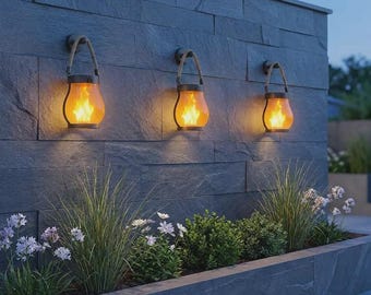 Solar Hanging Lantern Flickering Flame, Rope Handle Outdoor Light, USB Rechargeable Garden Decor, Patio Boho Lamp