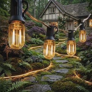 May include: Outdoor string lights with large, warm-toned bulbs illuminate a stone pathway through a lush garden. The pathway is lined with moss-covered stones and vibrant greenery, leading to a charming cottage in the background. The lights create a cozy, inviting atmosphere.