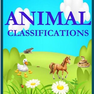 以下が含まれることがあります： 「動物の分類」というタイトルのカラフルなイラスト。馬、ヘビ、アヒルの子、カエルが、雲のある青い空の下の草地の中にいます。 デイジーとテントウムシもいます。