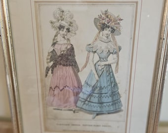 Antique Hand-Colored Fashion Engraving, Carriage Dress Dinner Party Dress Petit Courrier des Dames