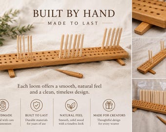 May include: A rectangular wooden loom base with multiple rows of drilled holes, featuring several light-colored wooden pegs inserted into the top. A small wooden-handled metal tool lies in front of the loom. Text reads BUILT BY HAND.