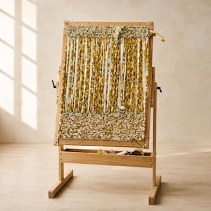 May include: A wooden floor loom frame holding a partially woven textile with a yellow and white floral pattern. The loom features a sturdy light wood stand, vertical warp threads, and a horizontal woven section at the base with a storage tray.