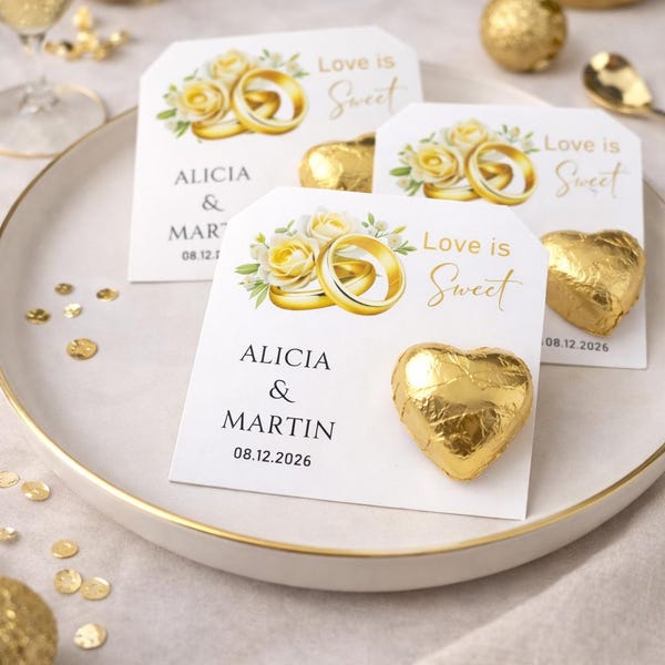 Personalized Wedding Chocolate Favor Card, Gold Heart Chocolate, Just Married Favors, Custom Wedding Favors for Guests,Elegant Bridal Shower