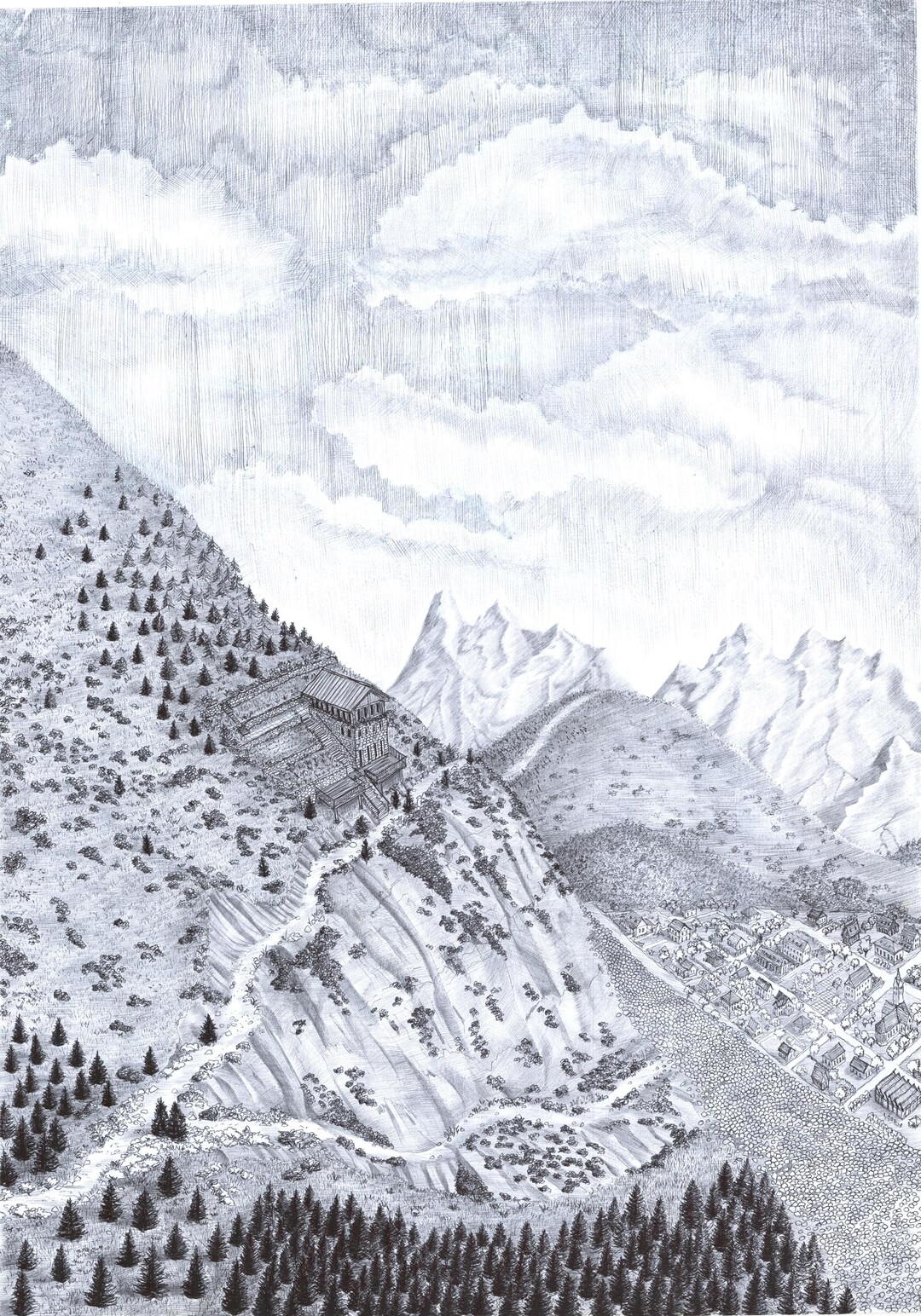 Bavarian Alps Drawing: Ballpoint Pen Art, A2 Format Landscape Print - Etsy