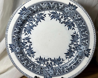 Antique Russian Blue White Floral Plate, Kuznetsov Style Transferware, c.1891–1917, Porcelain Dinner Plate