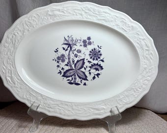 Vintage georgiansk porslin lila blommig oval fat USA präglad vit serveringsskål mitten av århundradet