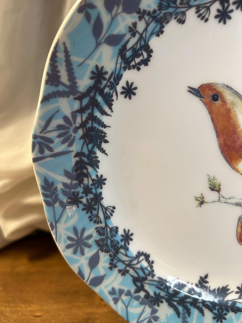 Peut inclure: Une assiette en c&eacute;ramique blanche avec une illustration d&eacute;taill&eacute;e d'un oiseau perch&eacute; sur une branche. Le bord de l'assiette pr&eacute;sente un motif floral bleu et blanc avec des accents bleu fonc&eacute;. L'oiseau a des plumes orange et marron.