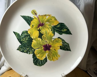 Vintage Santa Anita Ware Yellow Hibiscus Serving Platter | Flowers of Hawaii California Pottery | Tropical Floral Mid Century Plate