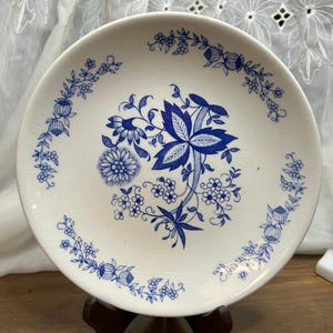 May include: A white ceramic plate with a blue floral design. The plate has a central floral motif and a border of smaller floral patterns. The plate is displayed on a brown stand.