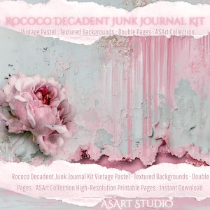 May include: A digital junk journal kit featuring a pale pink peony flower on a distressed, light blue and pink textured background. The image includes the text: ROCOCO DECADENT JUNK JOURNAL KIT, Vintage Pastel, Textured Backgrounds, Double Pages, ASArt Collection.