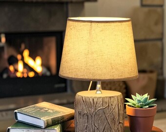 Lámpara rústica de corteza de árbol con pantalla de lino – Lámpara de cabecera de estilo rústico