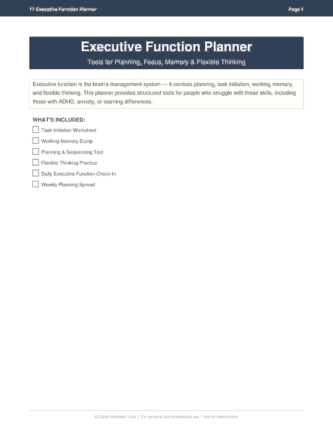 Executive Function Planner Printable | ADHD Organization Tool | Task ...