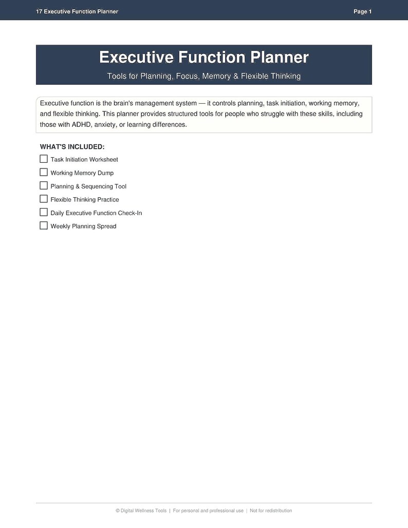 May include: A digital planner titled "Executive Function Planner" with a dark blue header. The planner includes tools for planning, focus, memory, and flexible thinking. The text lists included items such as worksheets and planning tools.