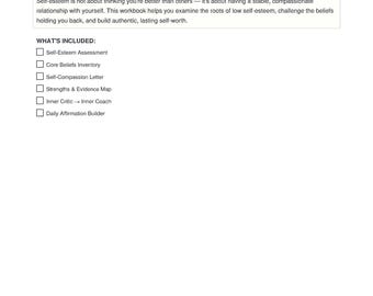 Self Esteem Workbook | Core Beliefs, Self-Compassion, Inner Critic (PDF Download)