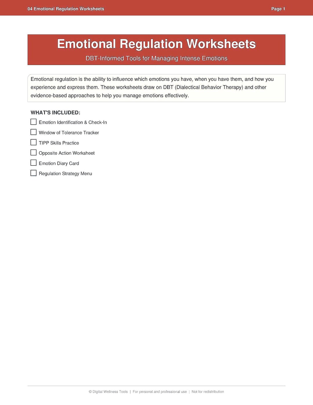 Emotional Regulation Worksheets | DBT Skills Printable | Therapy Tools ...