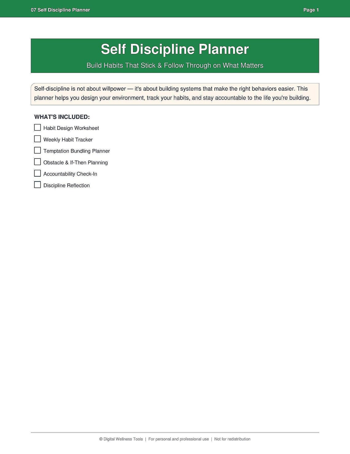 Discipline Planner Self Discipline Planner Printable | Habit Tracker Worksheet | Habit ...