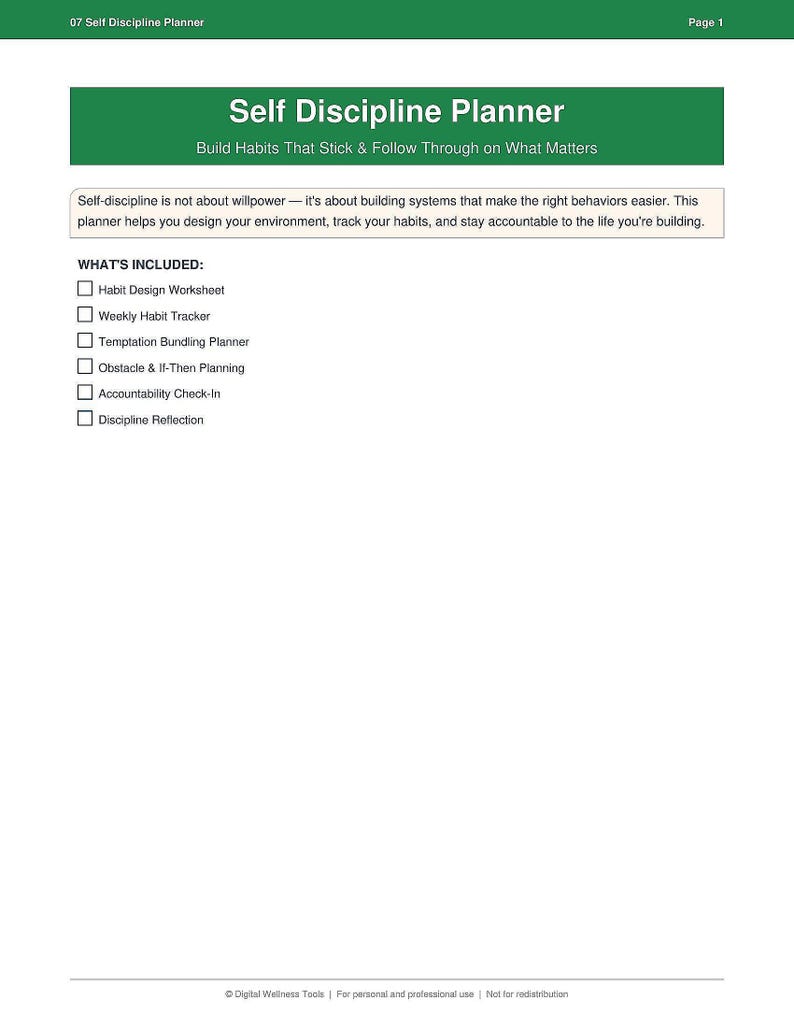 Self Discipline Worksheet.pdf Self Discipline Planner Printable | Habit Tracker Worksheet | Habit ...