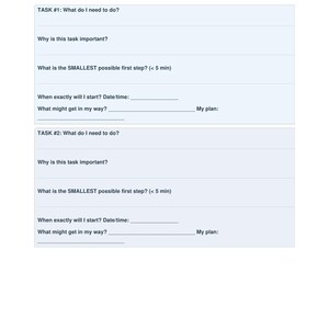 May include: A white worksheet titled "Task Initiation Worksheet" with prompts to break down tasks. Includes sections for task details, importance, smallest first step, start date/time, and potential obstacles. Page 2 of a planner.